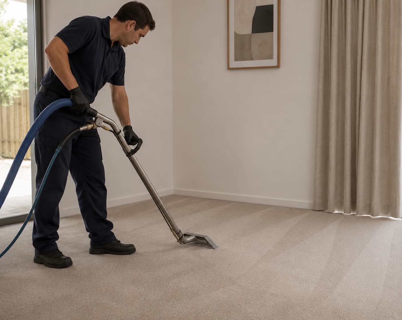 Operator using a hot-water extraction wand on a residential carpet