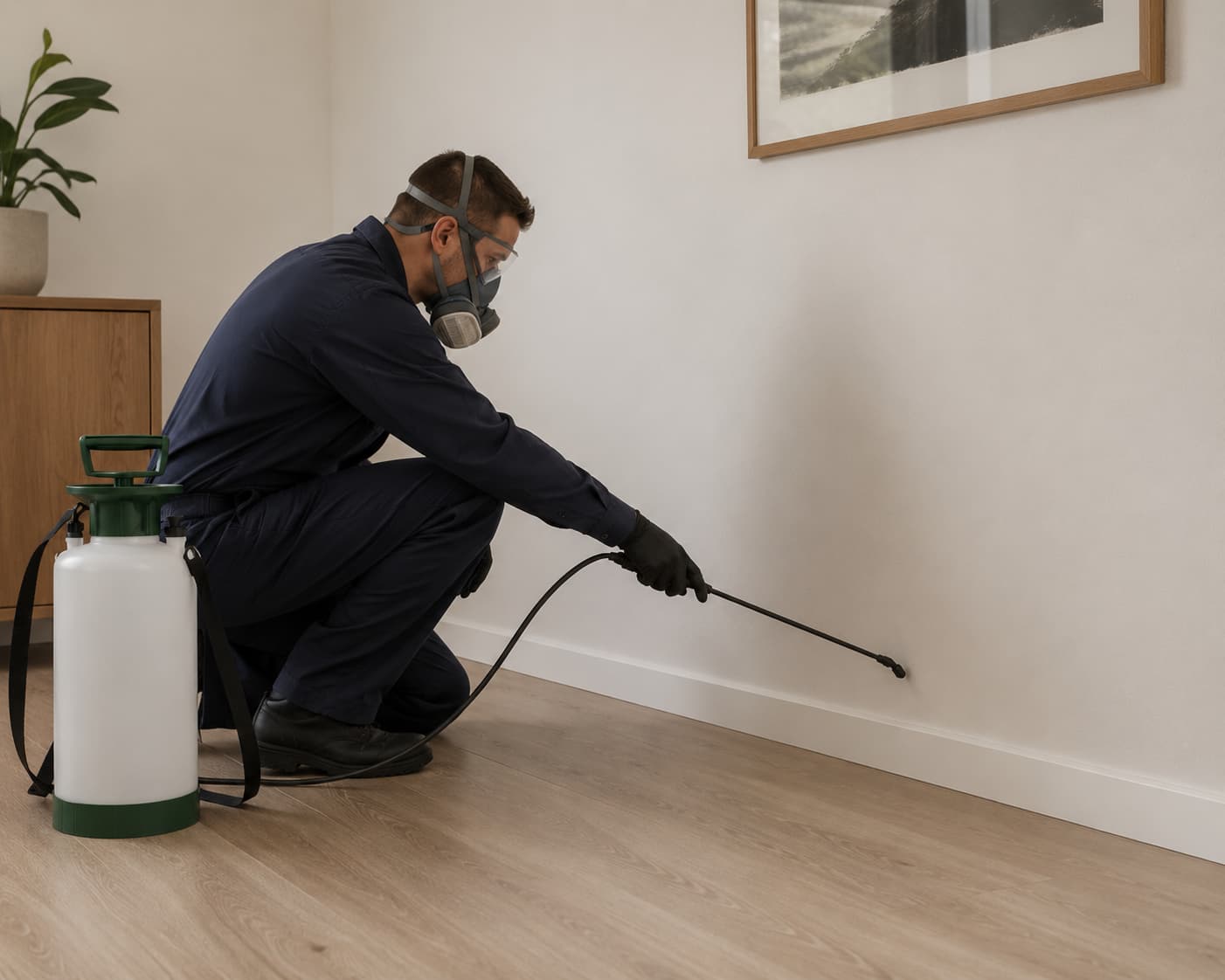 Operator in respirator and PPE applying antimicrobial fumigation along a wall skirting
