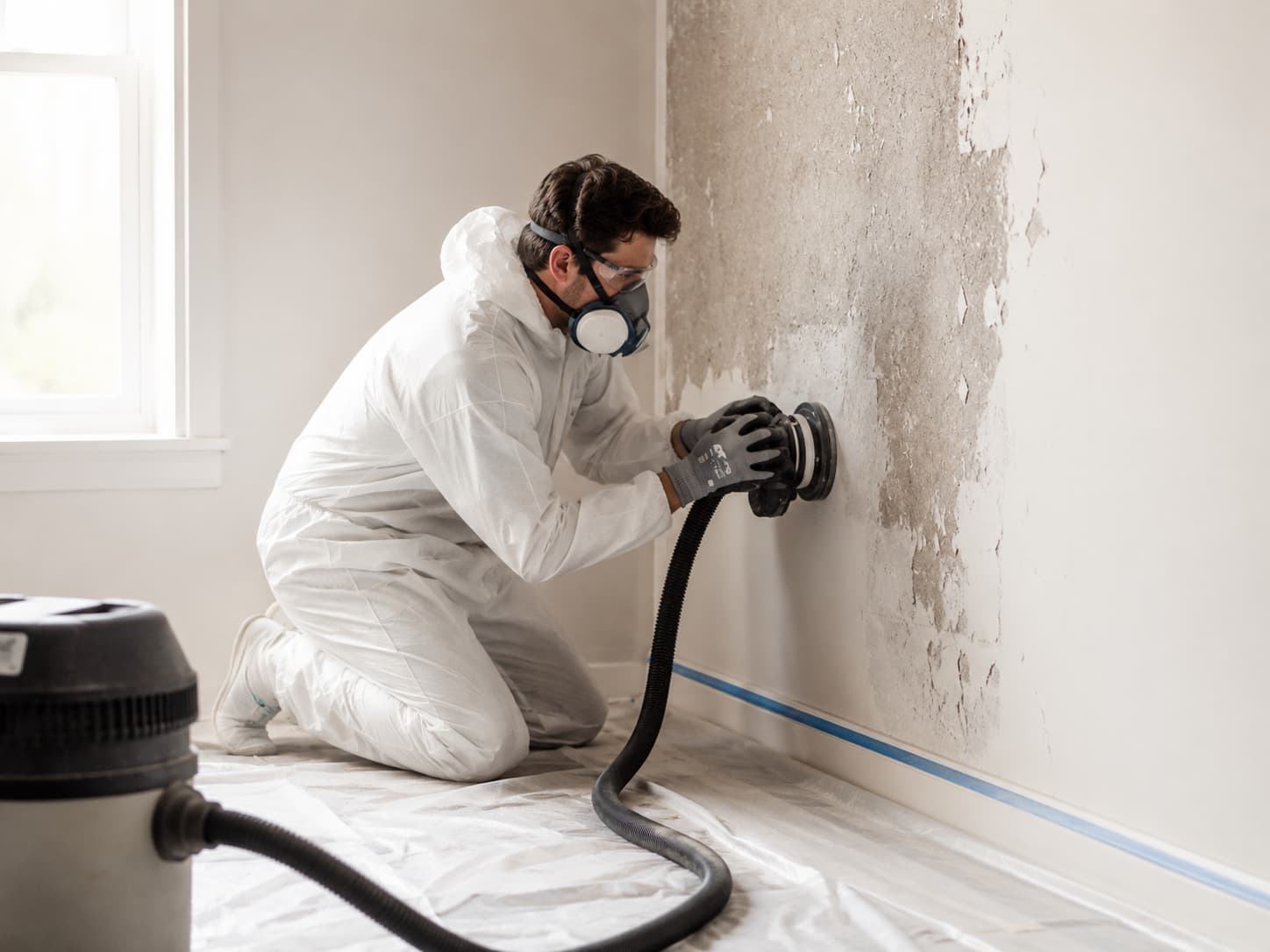 Remediation specialist in PPE using a HEPA-vacuumed sander to clean a mould-affected wall under containment
