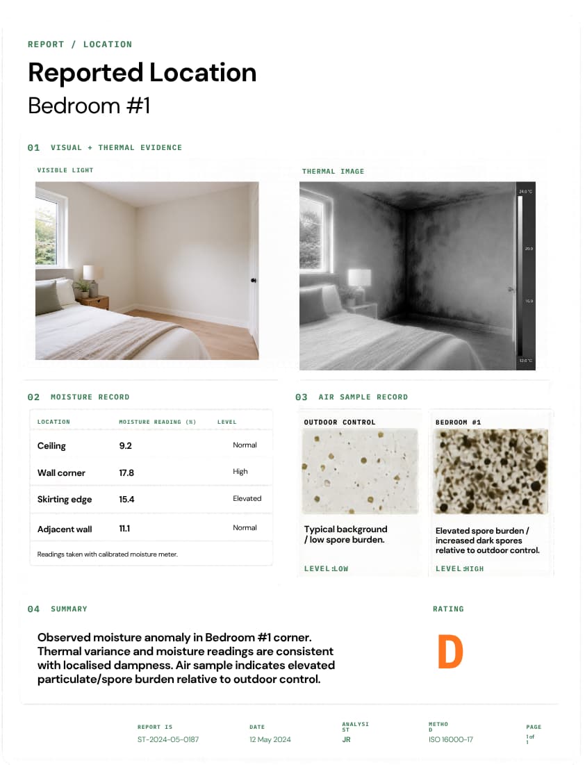 Sample mould diagnostic report showing visual evidence, thermal evidence, moisture record, air sample record and summary